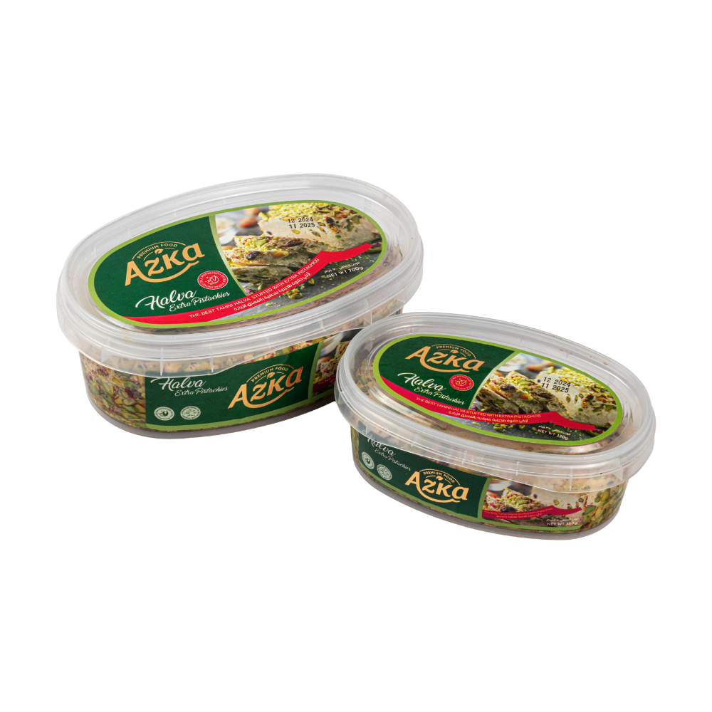 "Azka Extra Pistachio Halva – loaded with premium pistachios, rich nutty flavor and crunchy texture, perfect Middle‑Eastern sweet"