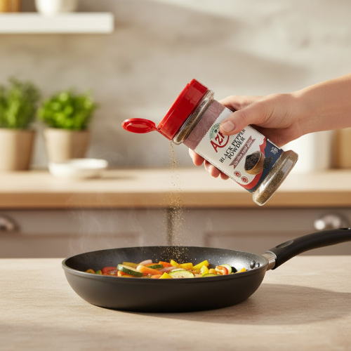 "Azka Premium Black Pepper Powder 70g – finely ground black pepper with bold aromatic flavor, perfect for salads and steak"