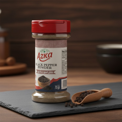 "أزكى بودرة فلفل أسود 70غ – نكهة فلفل أسود مركزّة 100٪ بدون إضافات، تضيف عمقاً للطعام"