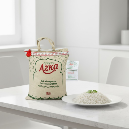"Azka Creamy Sella Basmati Rice, extra‑long grain, 5 kg pack – fluffy, rich aroma, perfect for family meals"