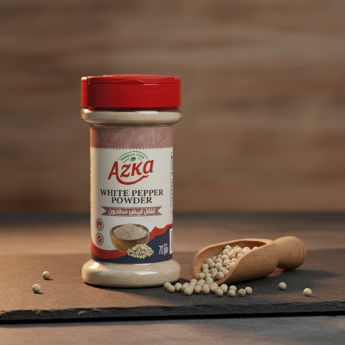 "Azka Premium White Pepper Powder 70g – finely ground white pepper with subtle earthy heat, perfect for white sauces and seafood"