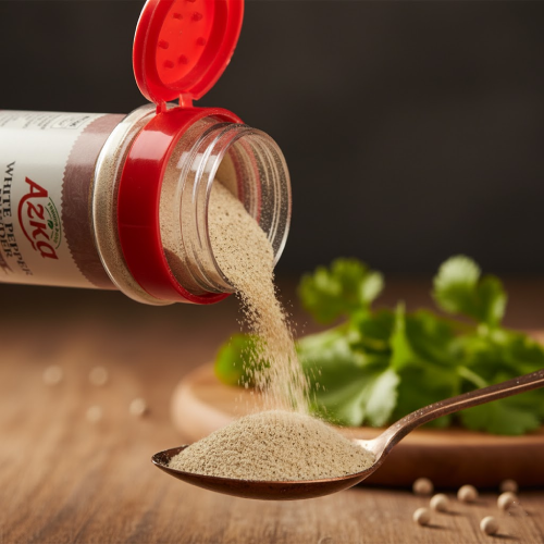 "Azka Natural White Pepper Powder 70g – ideal for creamy soups, cheese sauces and gourmet seafood dishes"