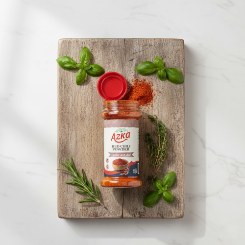"أزكى بودرة فلفل أحمر 60غ – فلفل مطحون ناعم بنكهة حارة طبيعية، مثالي للبيتزا، المعكرونة والأطباق الحارة"