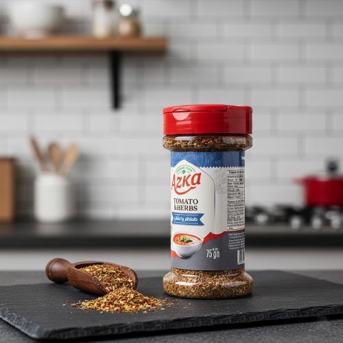 "Azka Tomato & Herbs Premium Seasoning 75 g – balanced blend of ripe tomato sweetness and herb aroma, ideal for gourmet cooking"