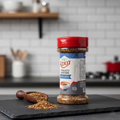 "Azka Tomato & Herbs Premium Seasoning 75 g – balanced blend of ripe tomato sweetness and herb aroma, ideal for gourmet cooking"
