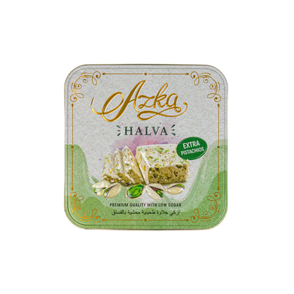 "Azka Premium Extra Pistachio Halva (Tin) — gourmet Middle‑Eastern sweet with extra pistachios, elegant gift tin"