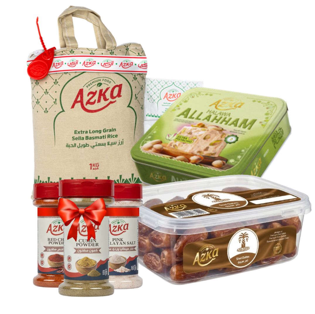 Azka Shop Ramadan Bundle featuring Premium Sella Basmati Rice, Pistachio Halawa tin, Siwi Oasis Dates, and 3 free spices: Cumin, Pink
بكج عرض رمضان من أزكى شوب يضم أرز بسمتي سيلا طويل الحبة، حلاوة طحينية بالفستق، تمر سيوي واحات، مع هدايا ملح هيمالايا وكمون وفلفل أحمر.