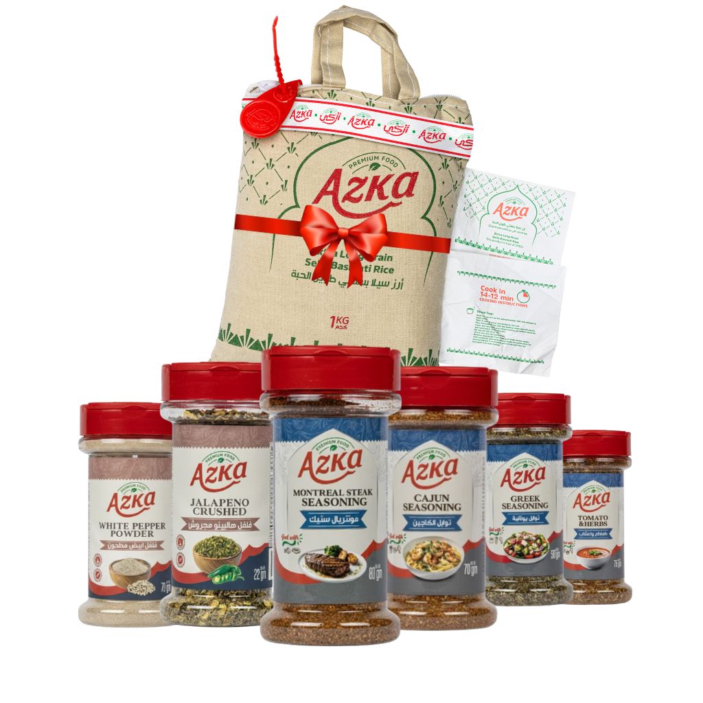 Azka Foods Ramadan Grilling Bundle - Montreal Steak, Cajun, Tomato Herbs, Greek, White Pepper, Jalapeno and Free Basmati Rice | باندل مشويات رمضان أزكى فودز - توابل ستيك وكاجين وهالبينو مع أرز بسمتي هدية
