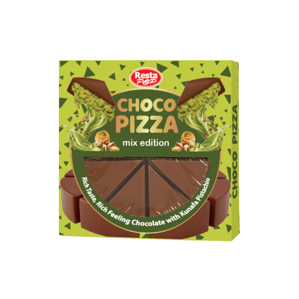 Resta Pop Choco Pizza – Chocolate Filled with Pistachio Cream & Crunchy Kunafa (85g)
بيتزا الشوكولاتة من ريستا بوب (Choco Pizza) محشوة بكريمة الفستق والكنافة المقرمشة (85 جم)