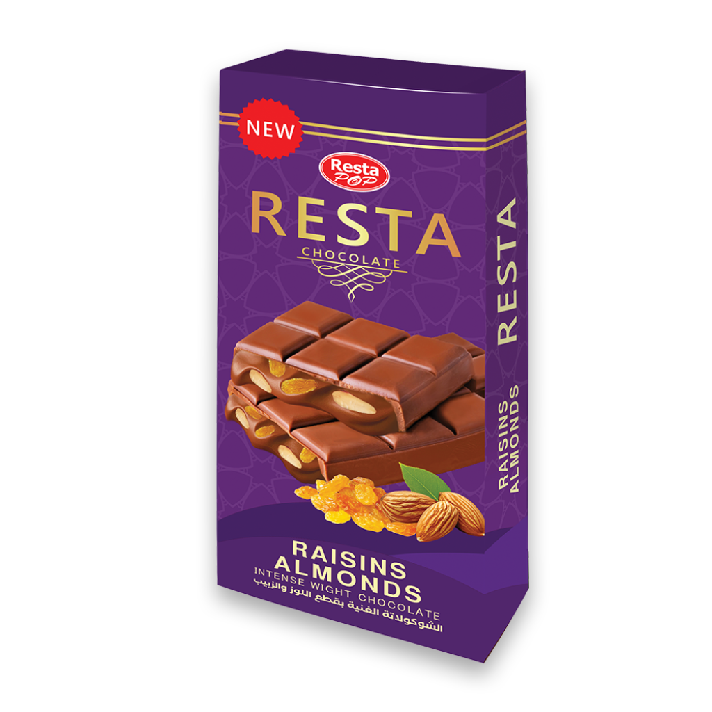 Resta Pop Chocolate with Crunchy Almonds & Sweet Raisins (45g)
شوكولاتة ريستا بوب غنية بقطع اللوز والزبيب (45 جم)
