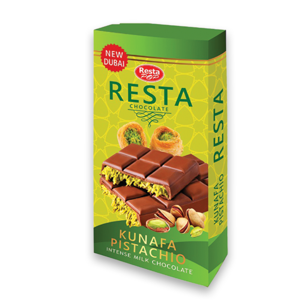 Resta Pop Chocolate with Pistachio Cream & Crunchy Kunafa Filling (45g)
شوكولاتة ريستا بوب محشوة بكريمة الفستق والكنافة المقرمشة (45 جم)