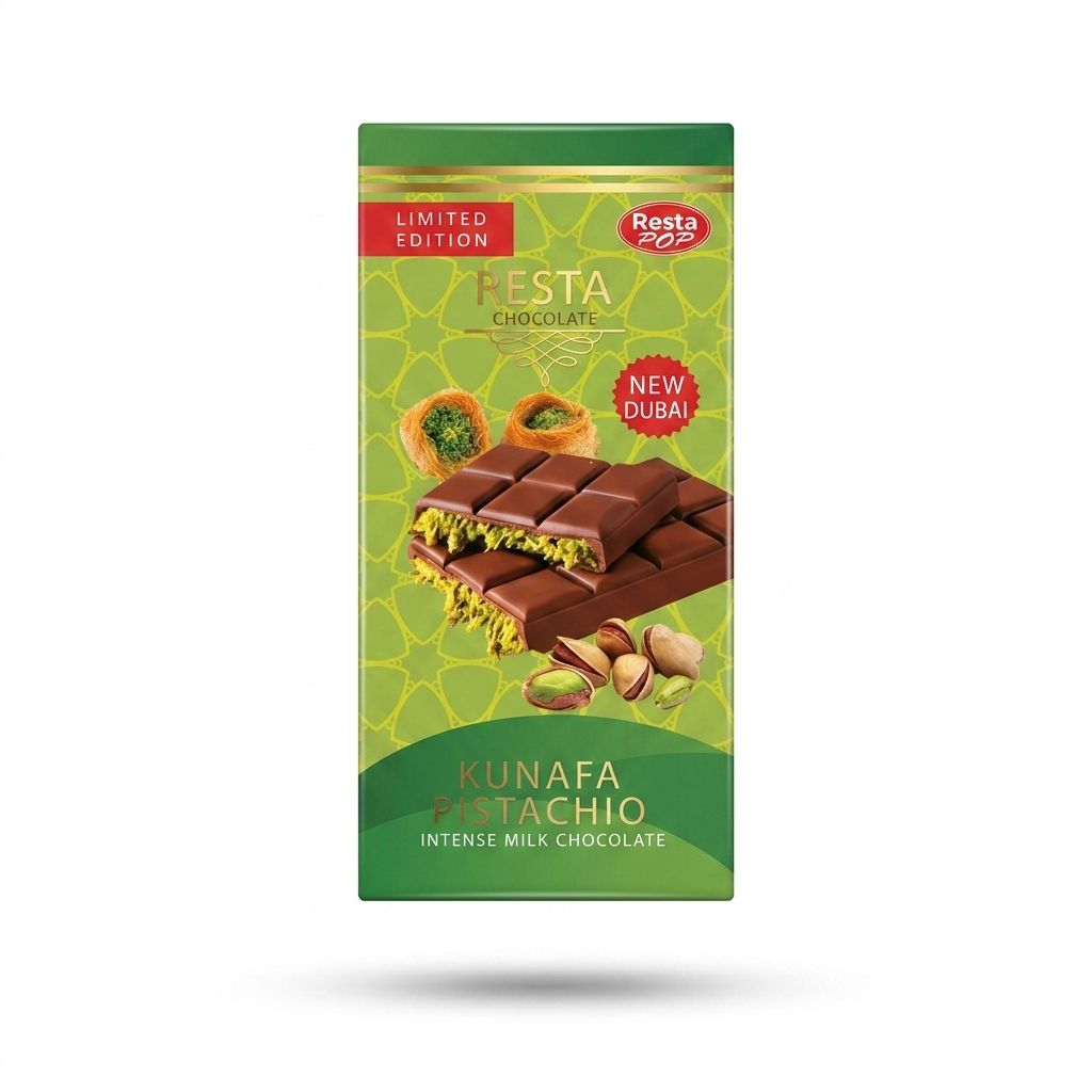 Resta Pop Large Bar – Milk Chocolate with Pistachio Cream & Crunchy Kunafa (135g)
شوكولاتة ريستا بوب (Resta) الحجم العائلي محشوة بكريمة الفستق والكنافة المقرمشة (135 جم)