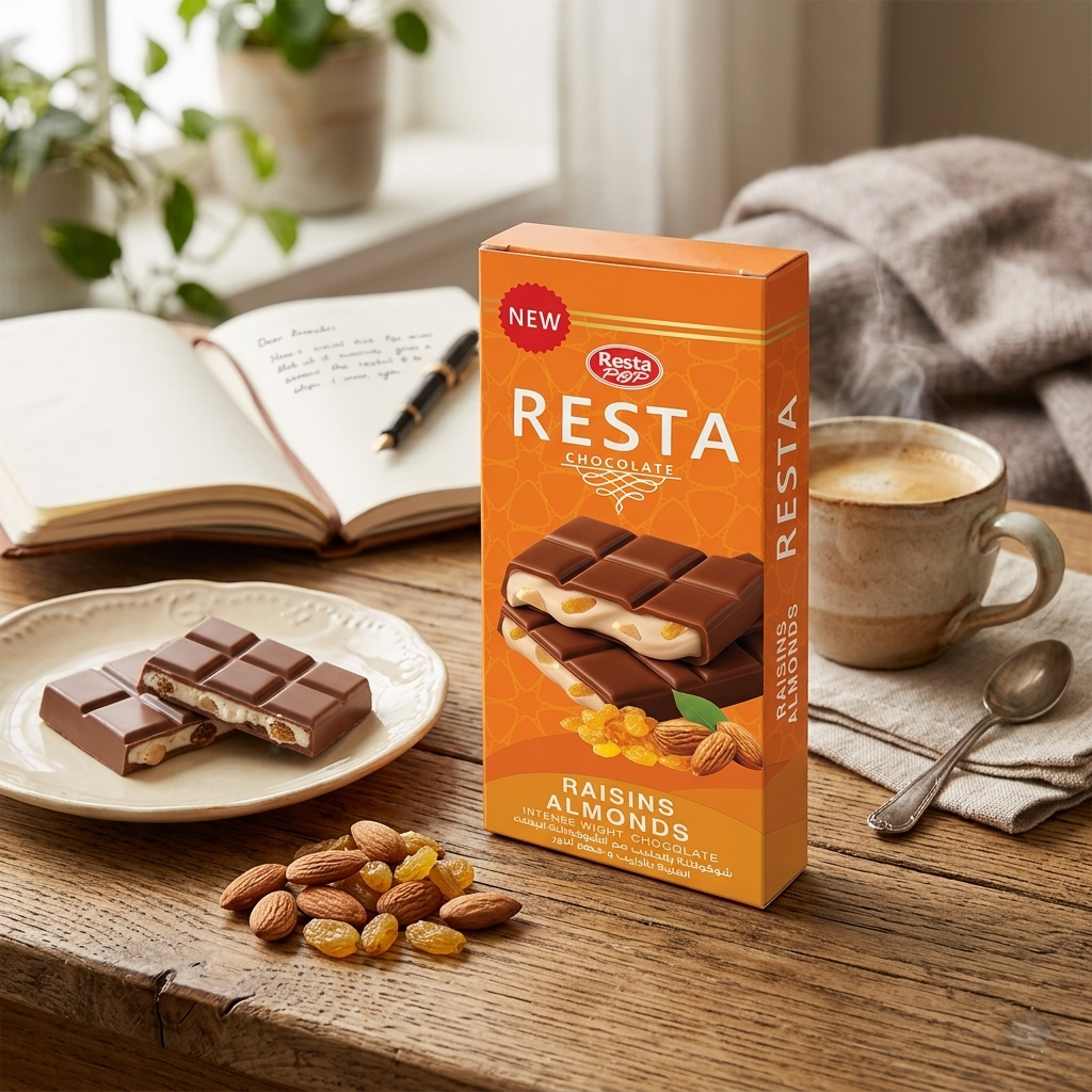 Resta Pop Milk Chocolate with White Chocolate Filling, Almonds & Raisins (45g)