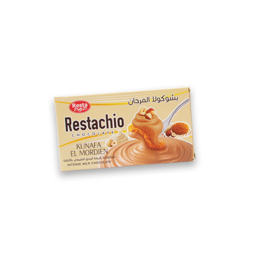 Resta Pop (Restachio) Chocolate Bar with Intense Milk Cream & Crunchy Kunafa (50g)
شوكولاتة ريستا بوب (Restachio) بكريمة بندق المرجان الطبيعية والكنافة المقرمشة (50 جم)