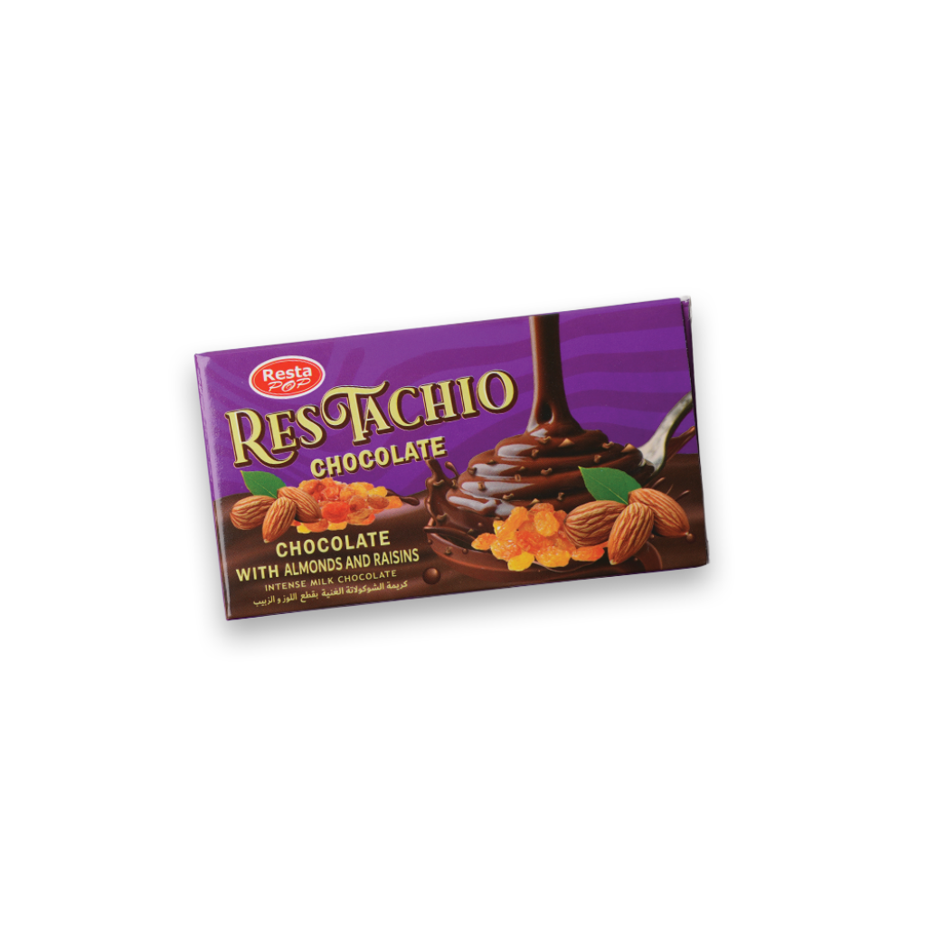 Resta Pop (Restachio) Intense Milk Chocolate with Almonds & Raisins (50g)
شوكولاتة ريستا بوب (Restachio) بالحليب المكثف غنية بقطع اللوز والزبيب (50 جم)