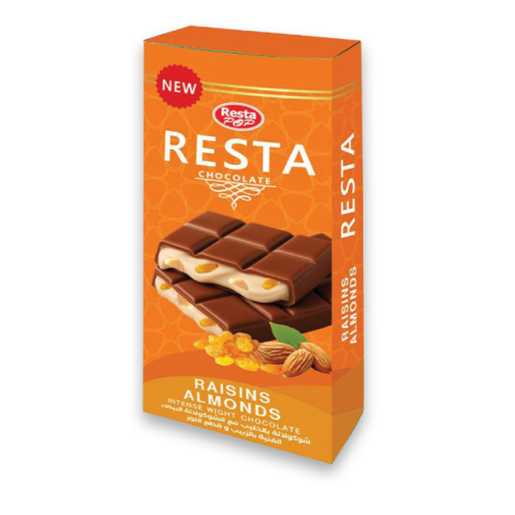 Resta Pop Milk Chocolate with White Chocolate Filling, Almonds & Raisins (45g)
