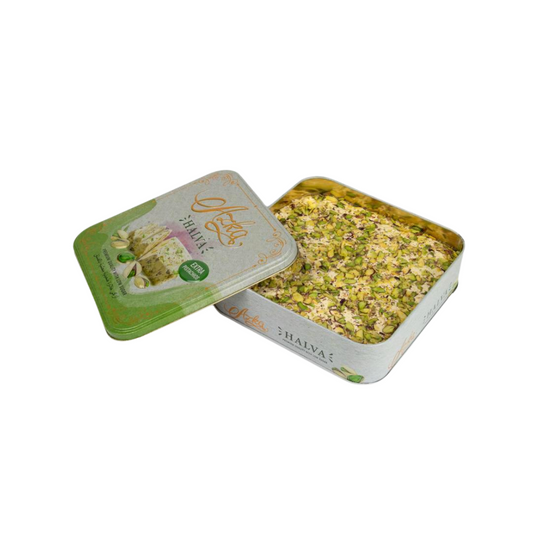 "حلوى حلاوة الفستق الفاخرة أزكى بريميوم، علبة قصدير مع فستق إضافي، هدية راقية"